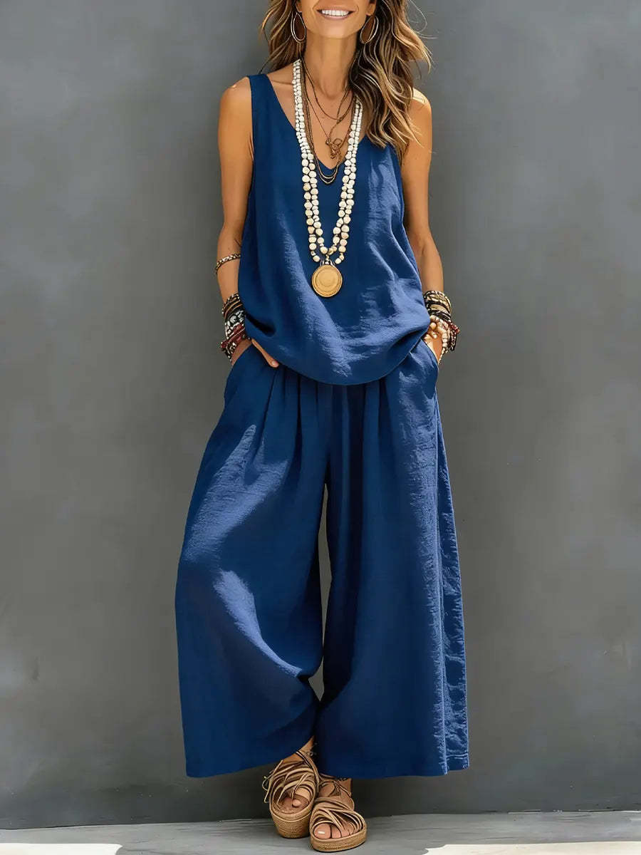 Cotton - Linen Tank & Wide Leg Pants Set | Women's Casual 2PC - AmiraMart