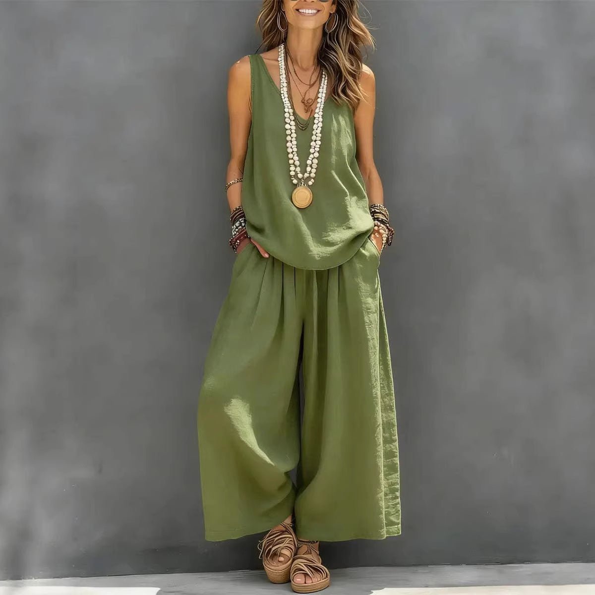 Cotton - Linen Tank & Wide Leg Pants Set | Women's Casual 2PC - AmiraMart