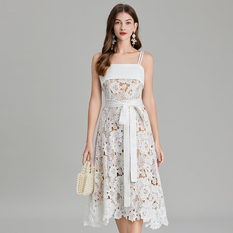 Crocheted Hollow Embroidery Stitching Lace - up Waist - controlled Slimming Dress - AmiraMart