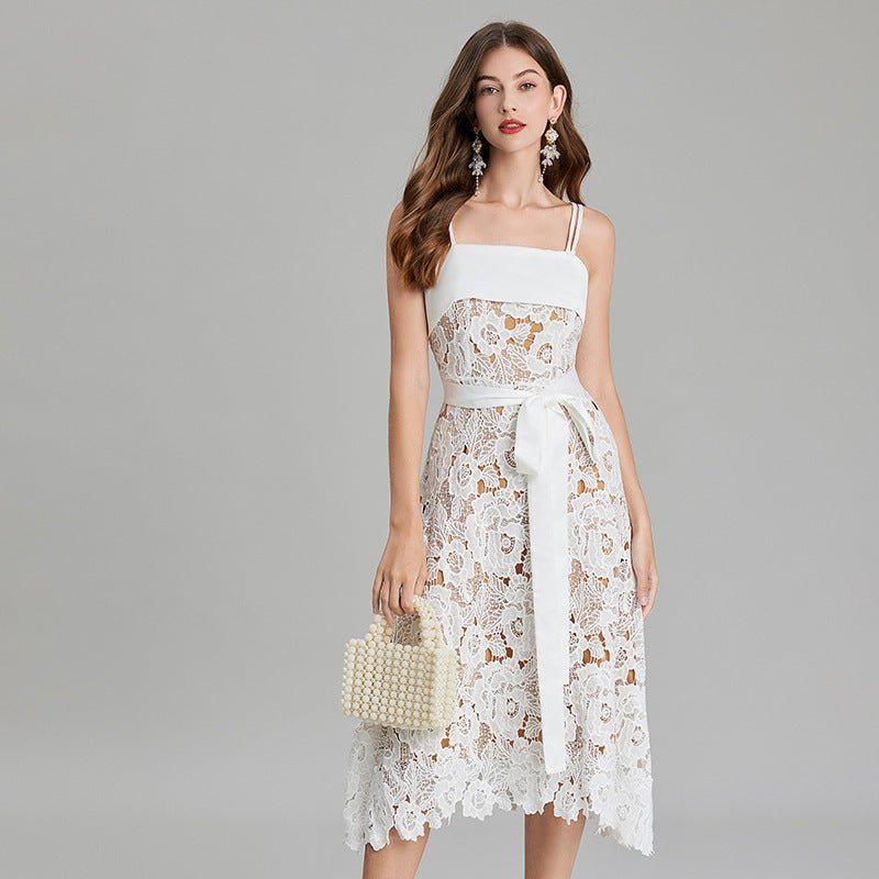 Crocheted Hollow Embroidery Stitching Lace - up Waist - controlled Slimming Dress - AmiraMart