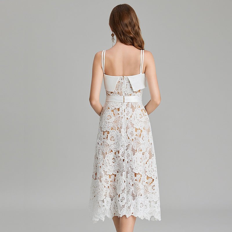Crocheted Hollow Embroidery Stitching Lace - up Waist - controlled Slimming Dress - AmiraMart