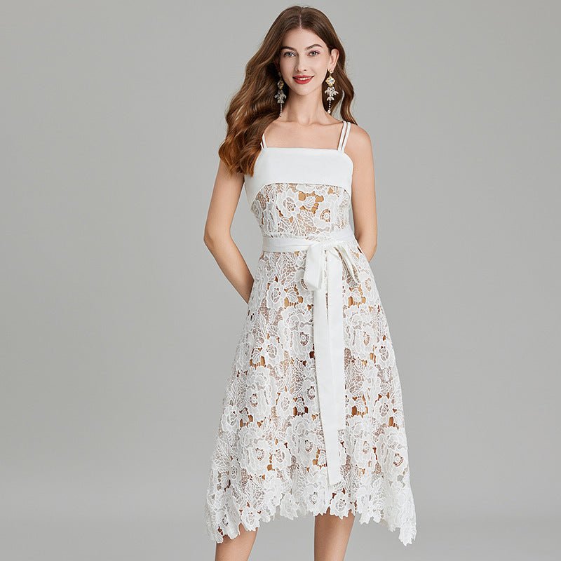 Crocheted Hollow Embroidery Stitching Lace - up Waist - controlled Slimming Dress - AmiraMart