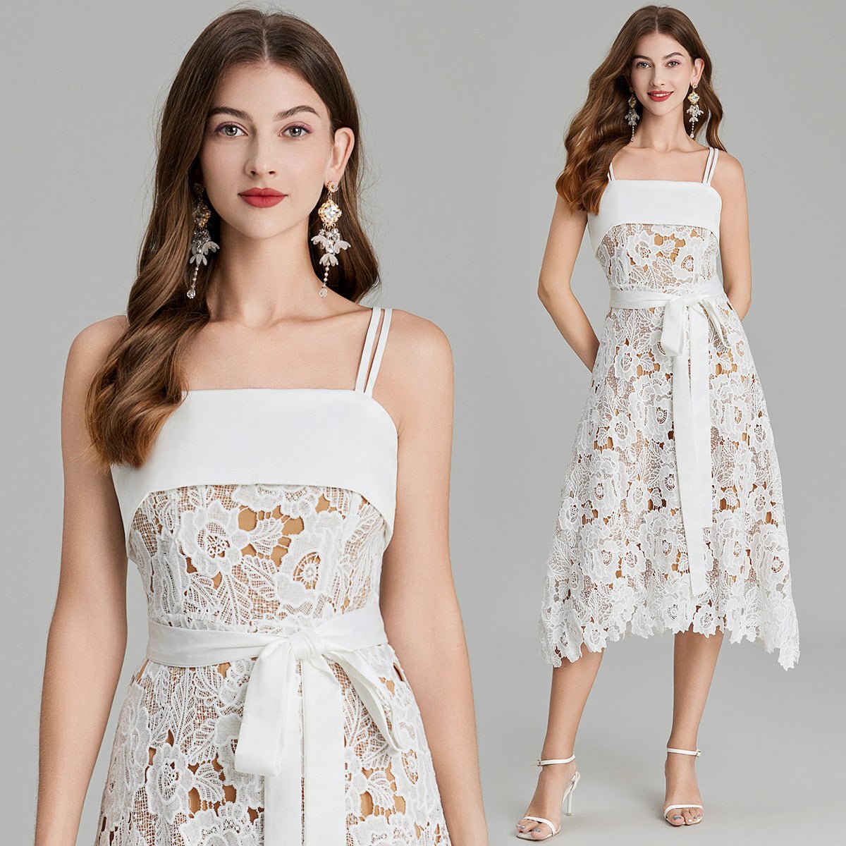 Crocheted Hollow Embroidery Stitching Lace - up Waist - controlled Slimming Dress - AmiraMart