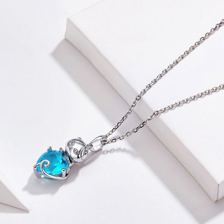 Cute Cat Blue and Platinum Plated Sterling Silver Necklace - AmiraMart