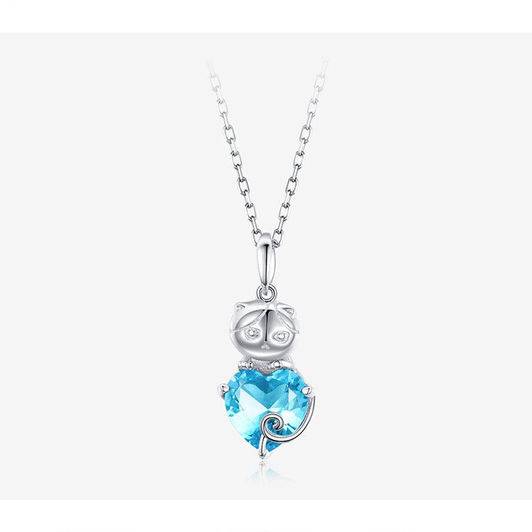 Cute Cat Blue and Platinum Plated Sterling Silver Necklace - AmiraMart