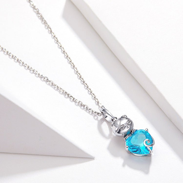 Cute Cat Blue and Platinum Plated Sterling Silver Necklace - AmiraMart