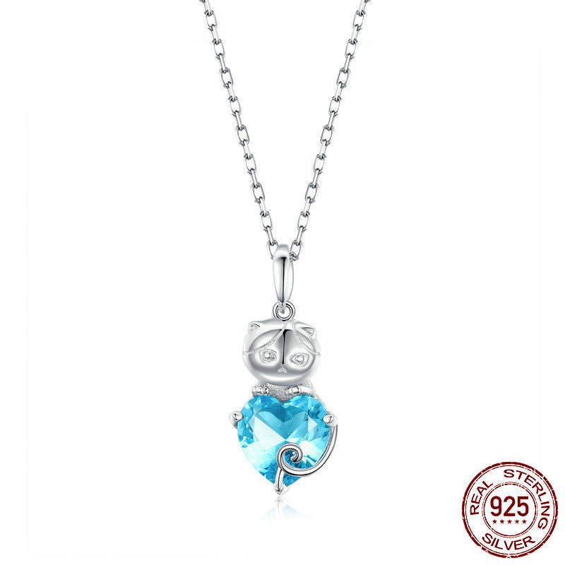 Cute Cat Blue and Platinum Plated Sterling Silver Necklace - AmiraMart