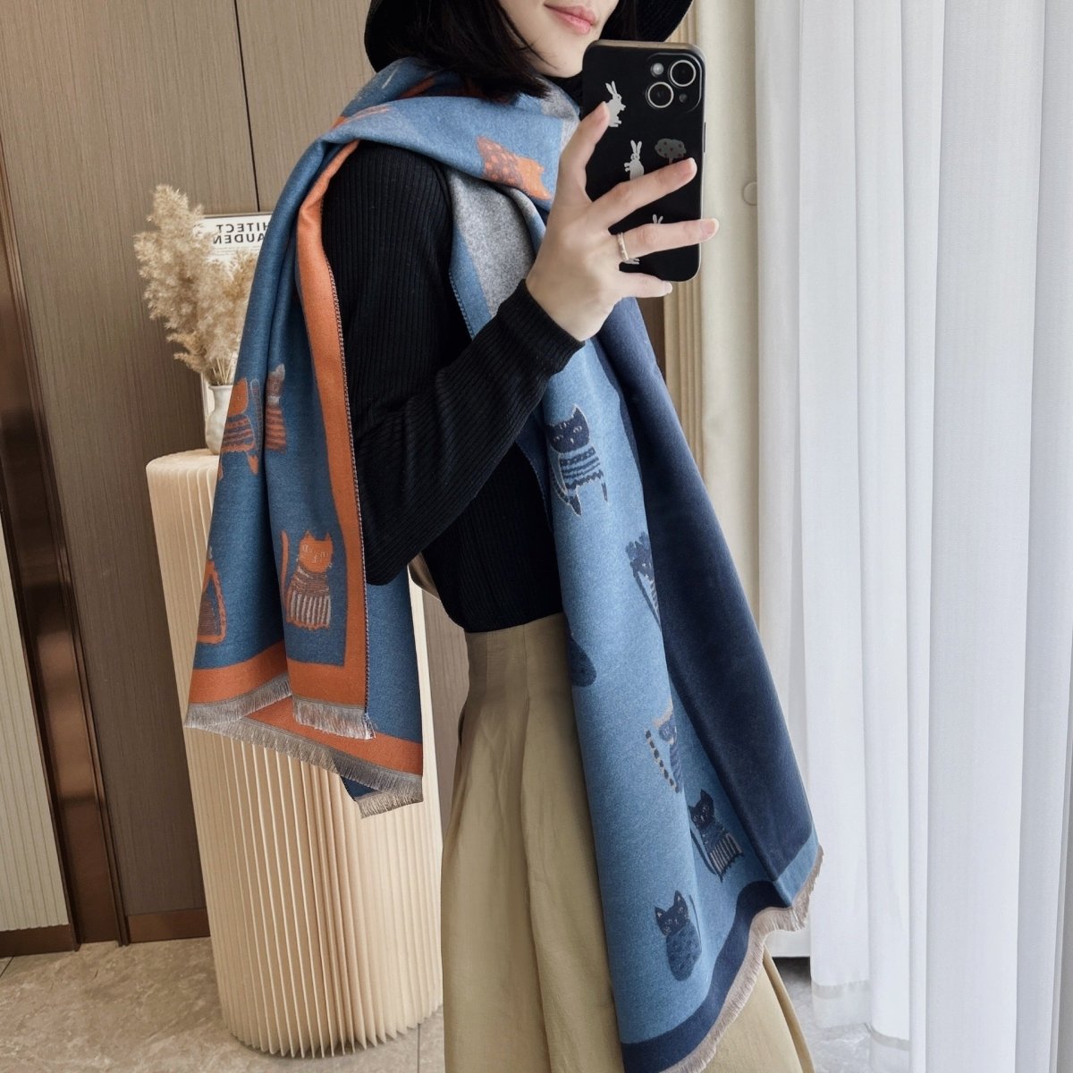 Cute Kitten Plaid Contrast Color Cashmere Shawl Scarf - AmiraMart