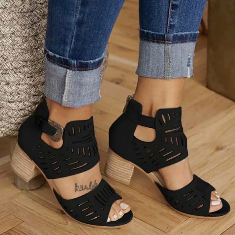 Cutout Block Heel Sandals – Back Zipper & Buckle - AmiraMart