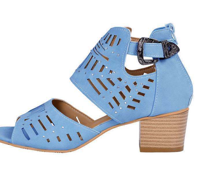 Cutout Block Heel Sandals – Back Zipper & Buckle - AmiraMart