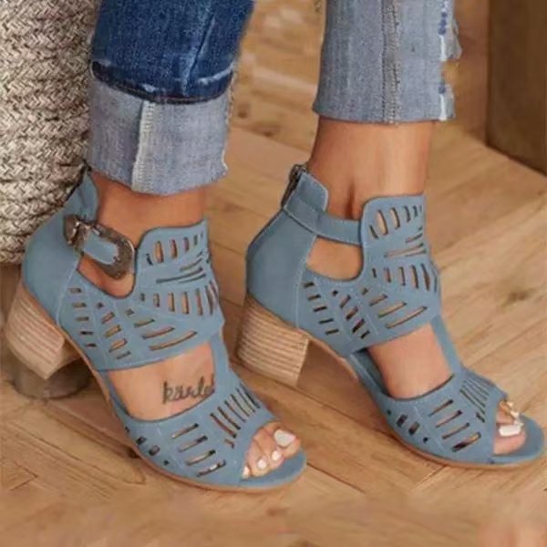 Cutout Block Heel Sandals – Back Zipper & Buckle - AmiraMart
