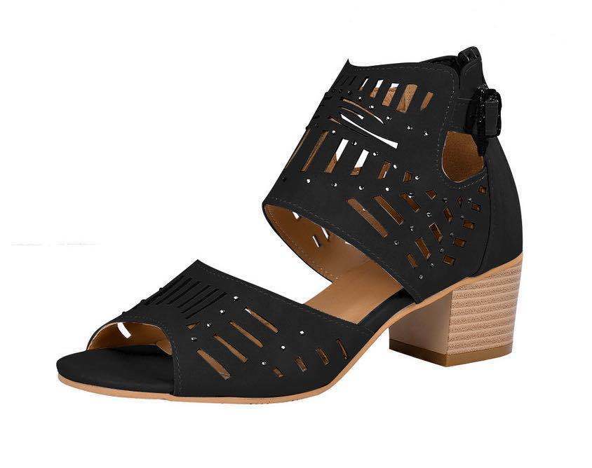 Cutout Block Heel Sandals – Back Zipper & Buckle - AmiraMart