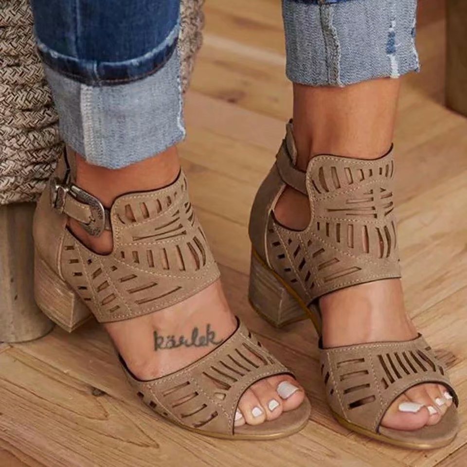 Cutout Block Heel Sandals – Back Zipper & Buckle - AmiraMart
