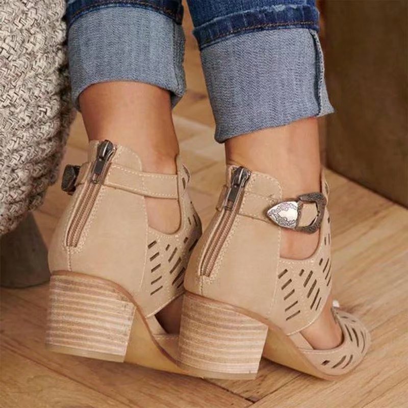 Cutout Block Heel Sandals – Back Zipper & Buckle - AmiraMart