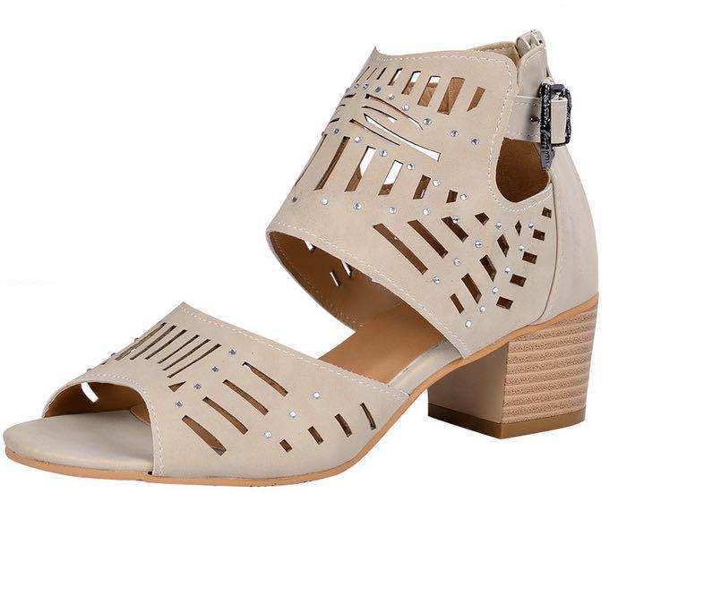 Cutout Block Heel Sandals – Back Zipper & Buckle - AmiraMart