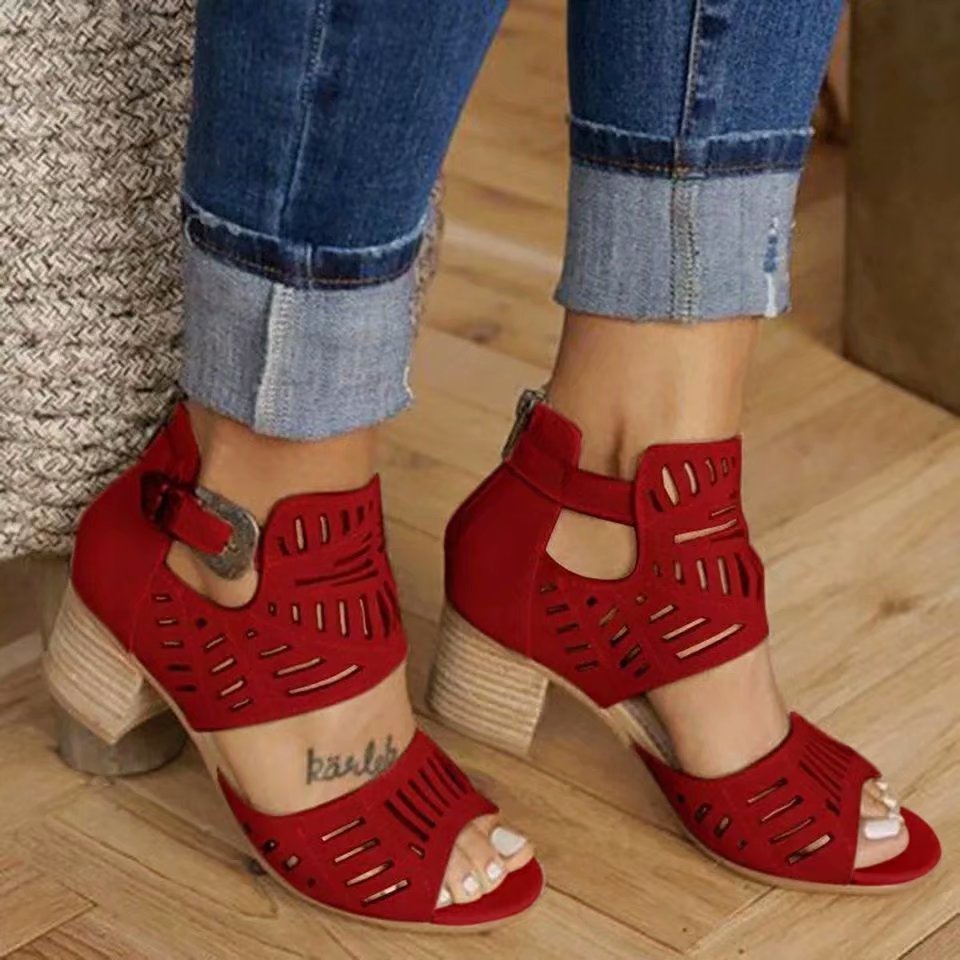 Cutout Block Heel Sandals – Back Zipper & Buckle - AmiraMart