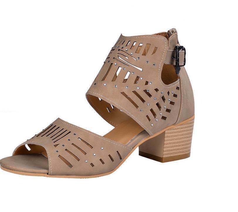 Cutout Block Heel Sandals – Back Zipper & Buckle - AmiraMart