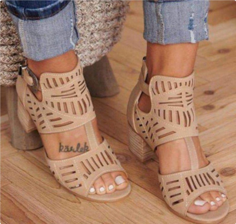 Cutout Block Heel Sandals – Back Zipper & Buckle - AmiraMart