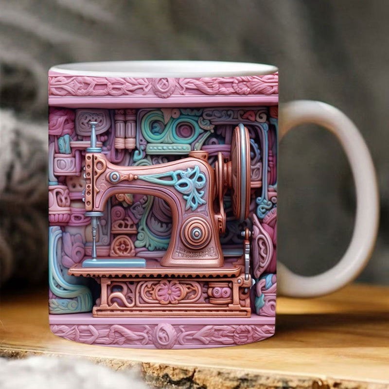 Mug with a detailed sewing machine design on a wooden surface