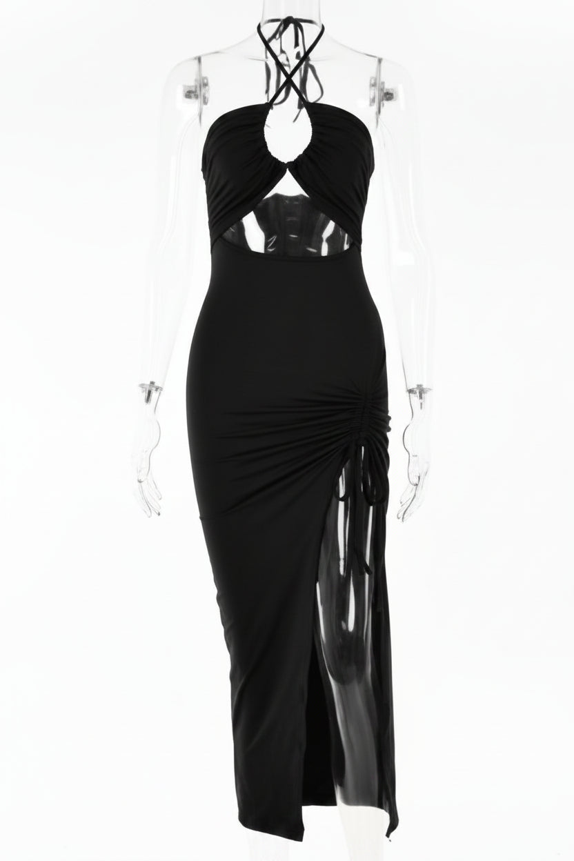 A black halter-neck midi dress with cutouts and sheer side panels, displayed on a clear mannequin against a white background.
