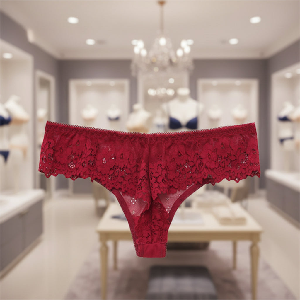 Red lace thong on a white background