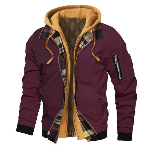 Maroon jacket with plaid lining and yellow hood on a white background