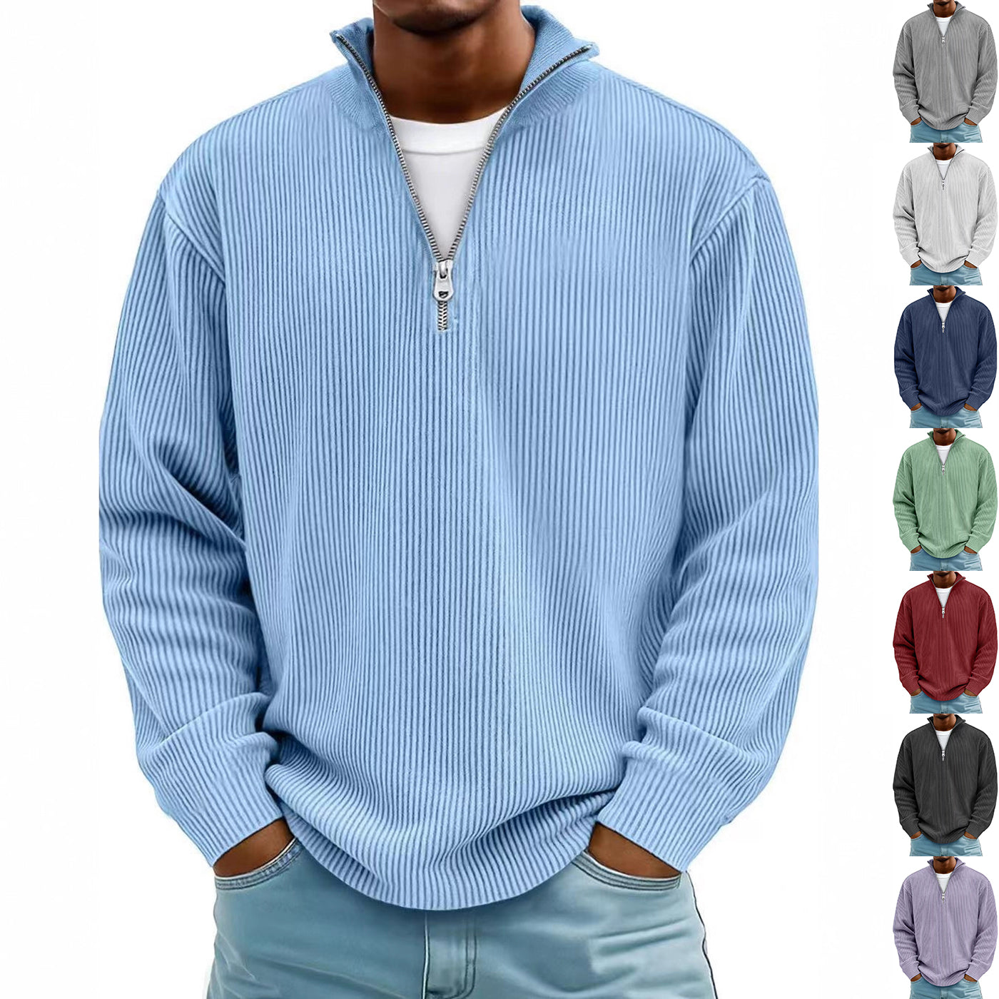 Corduroy Zipper Stand Collar Sweatshirt - AmiraMart