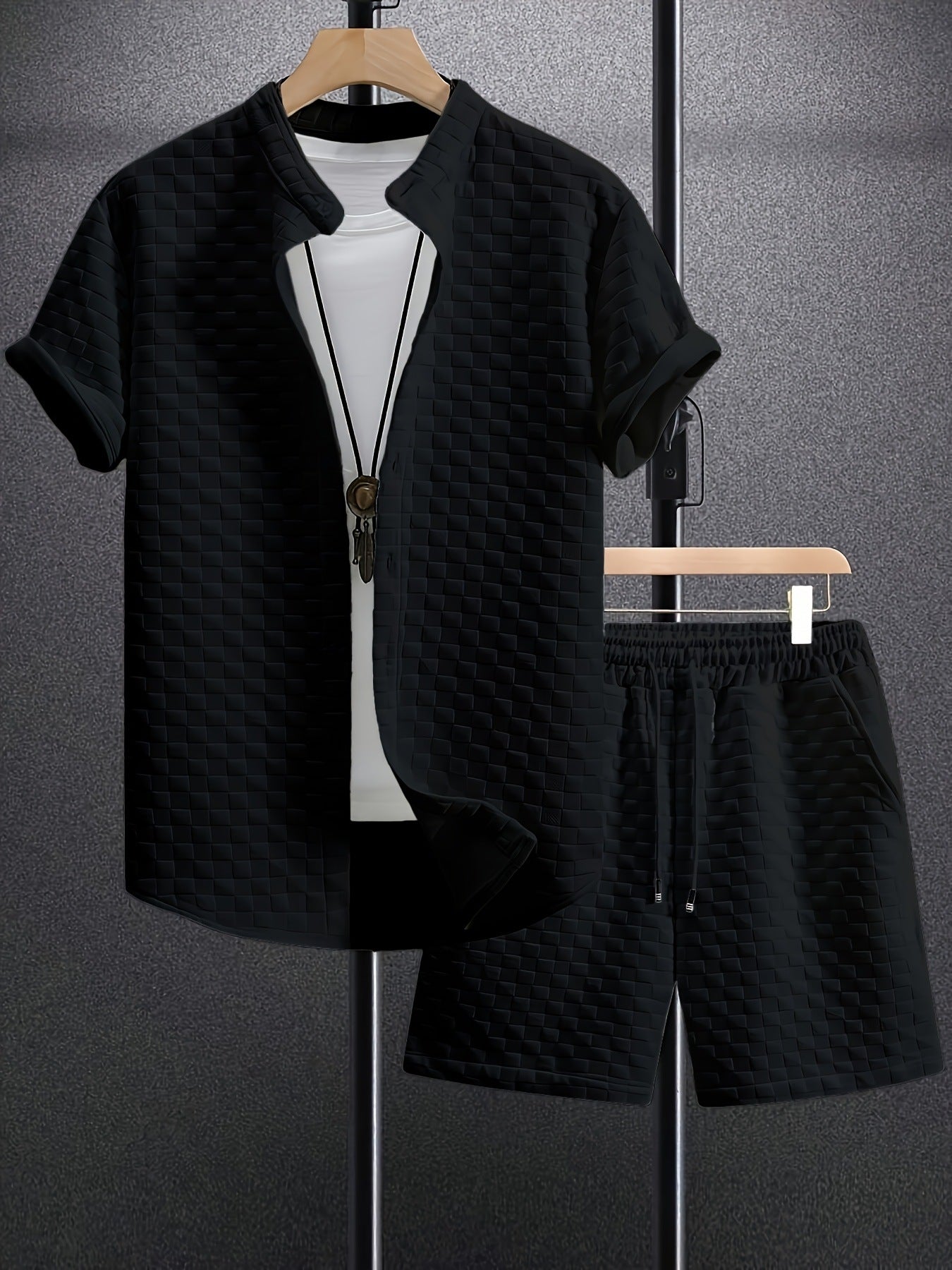 Men's Jacquard Casual Short Sleeve Shirt Outfit - AmiraMart