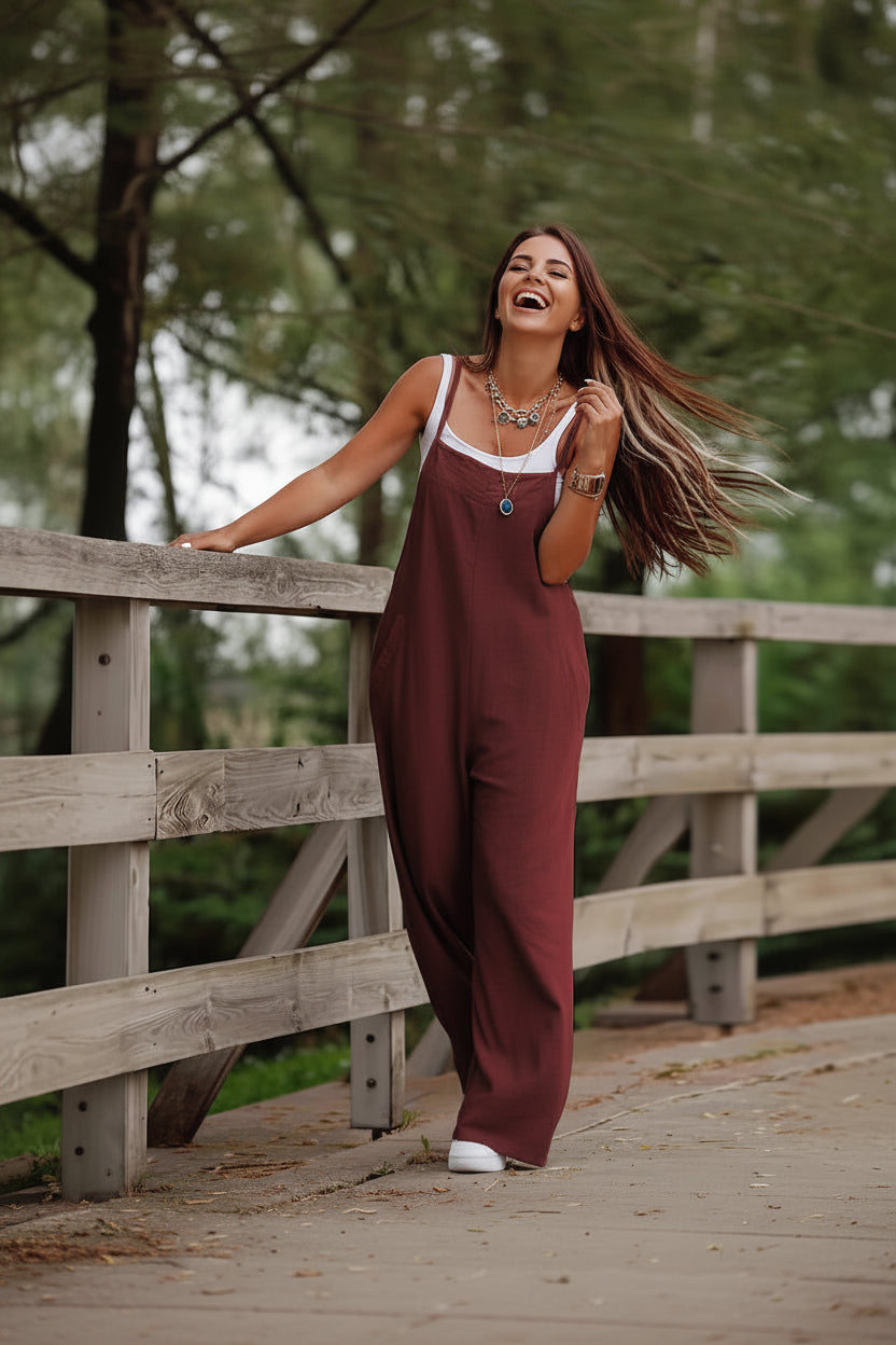 Women's Dark Green Casual Suspender Wide-leg Jumpsuit - AmiraMart