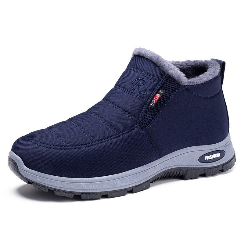 Navy blue winter boot with gray lining on a white background