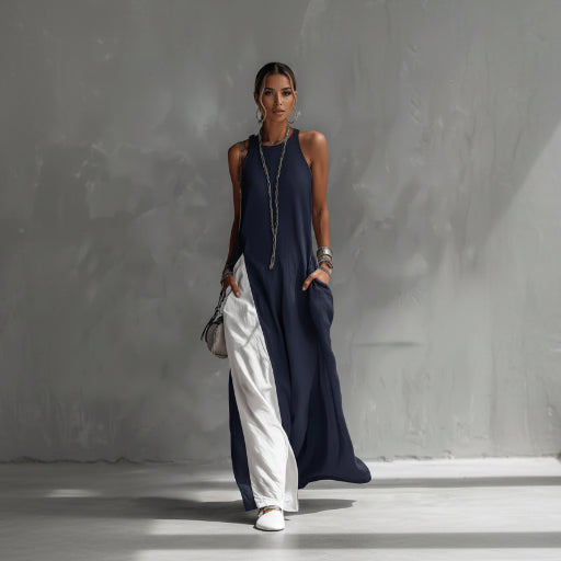 Person wearing a long navy dress with white pants against a gray background