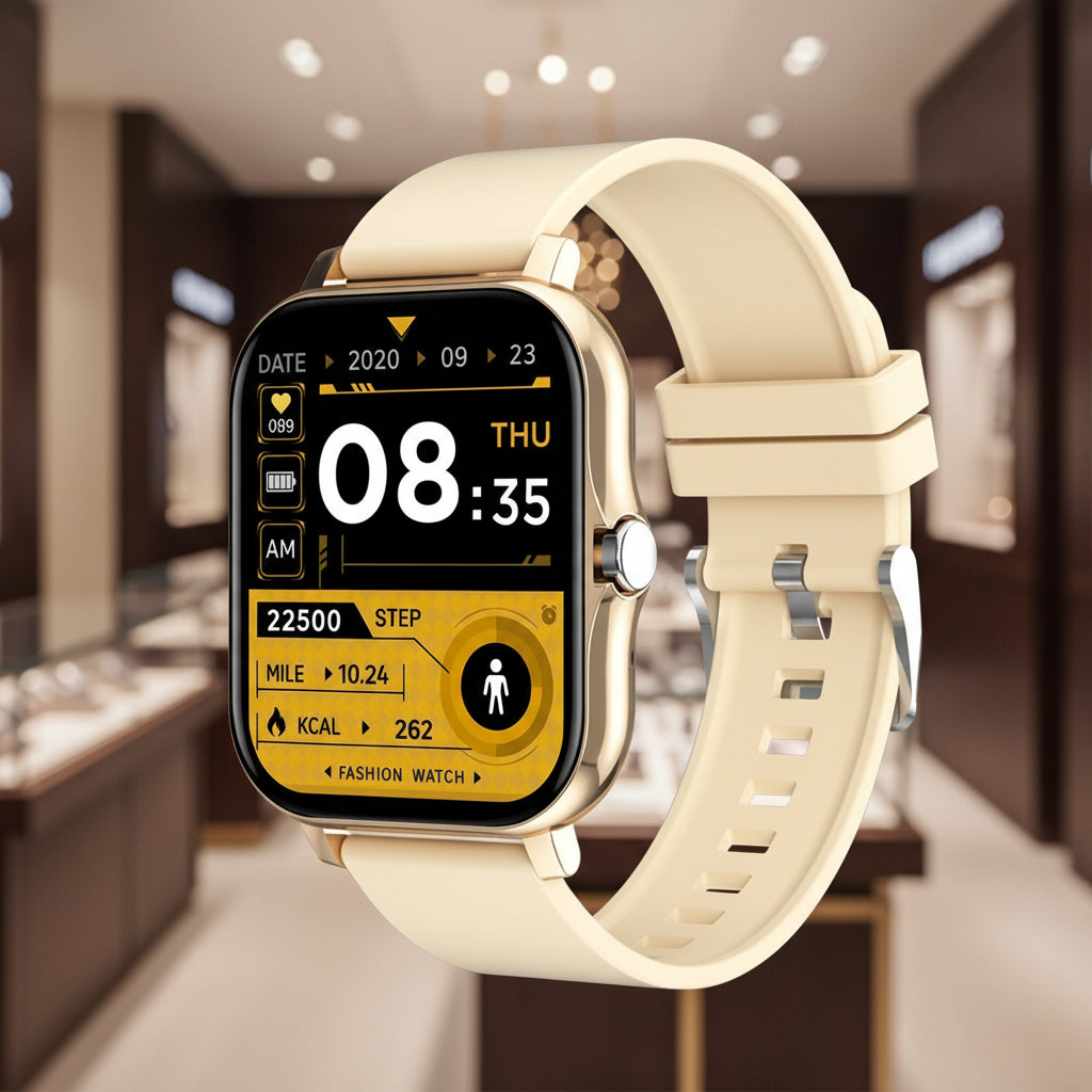 Smartwatch with a beige strap on a white background