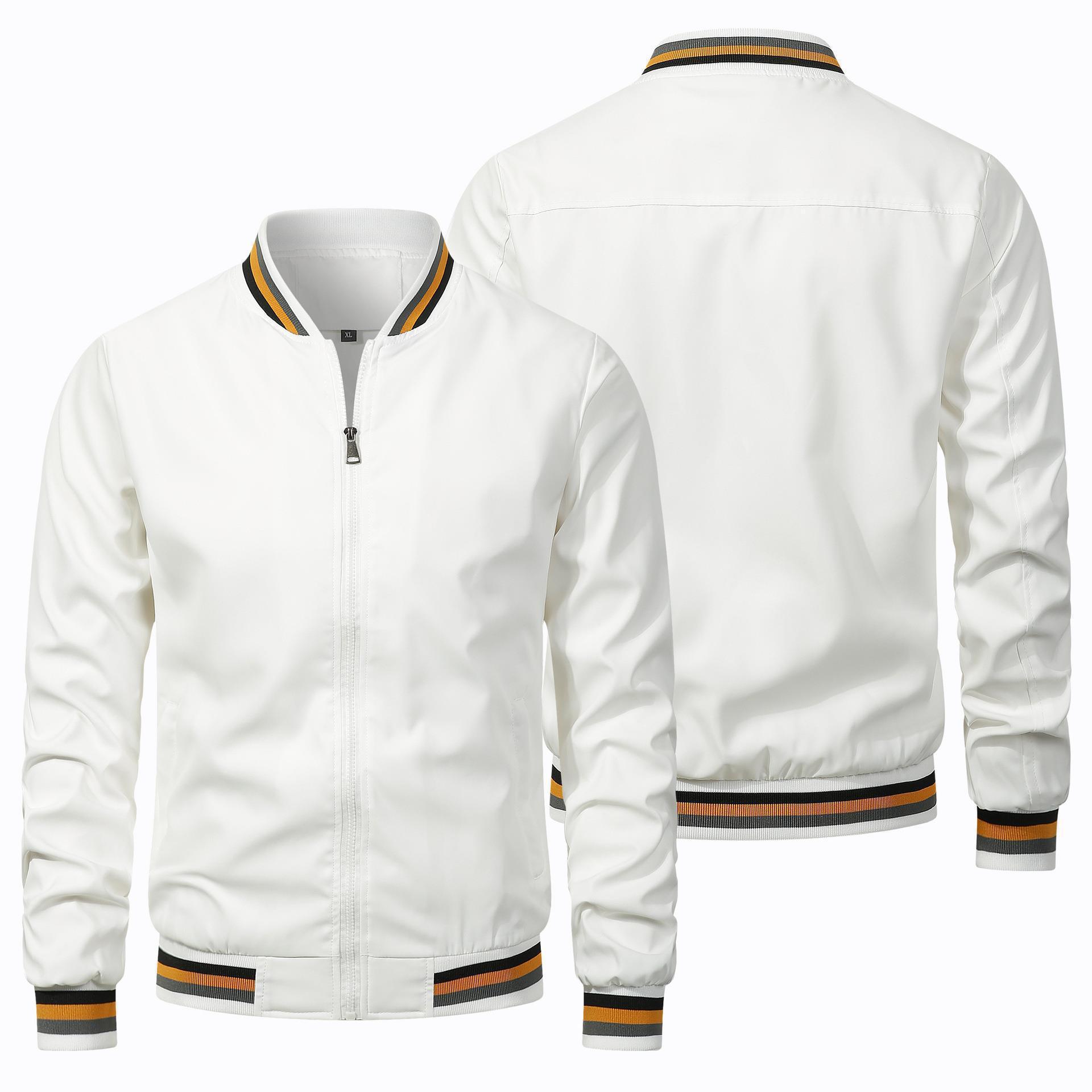 White baseball jacket with striped cuffs and collar on a white background