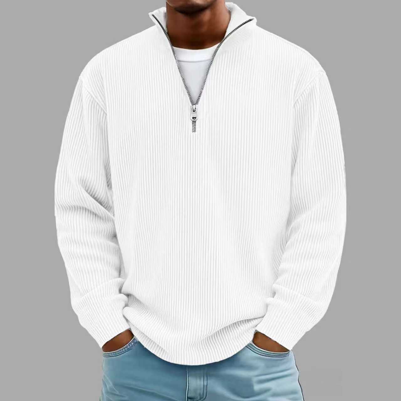 Corduroy Zipper Stand Collar Sweatshirt - AmiraMart