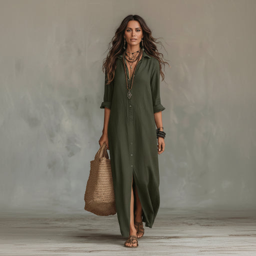 Woman wearing an olive green dress holding a woven bag against a neutral background