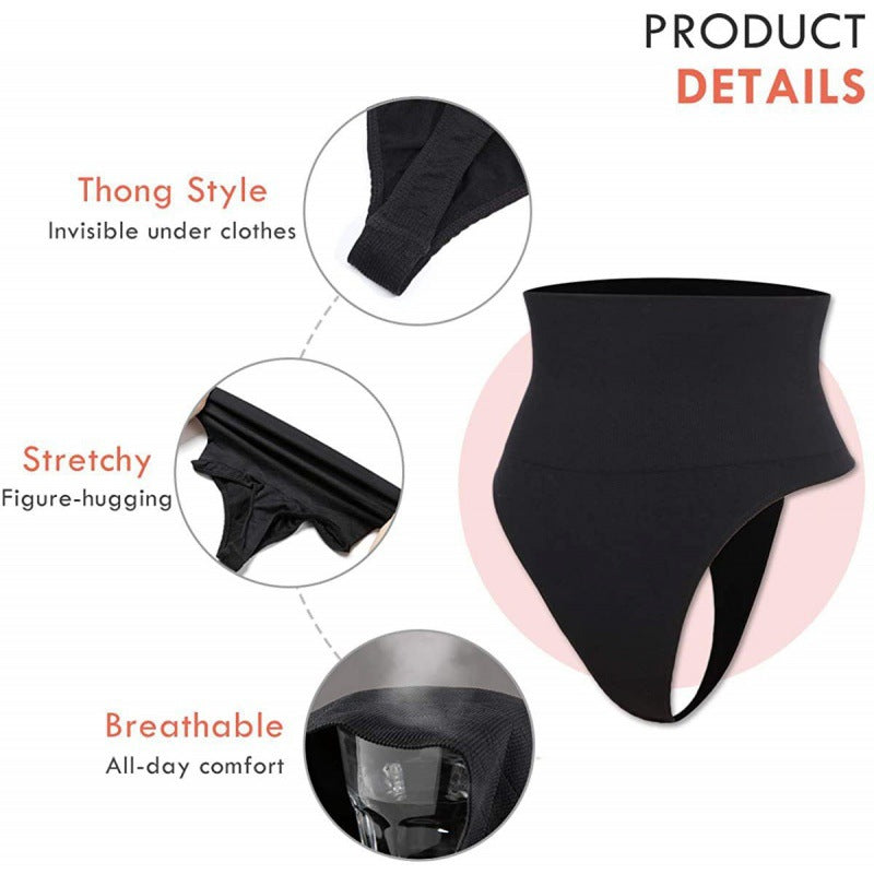 Black thong-style product with features highlighted on a white background