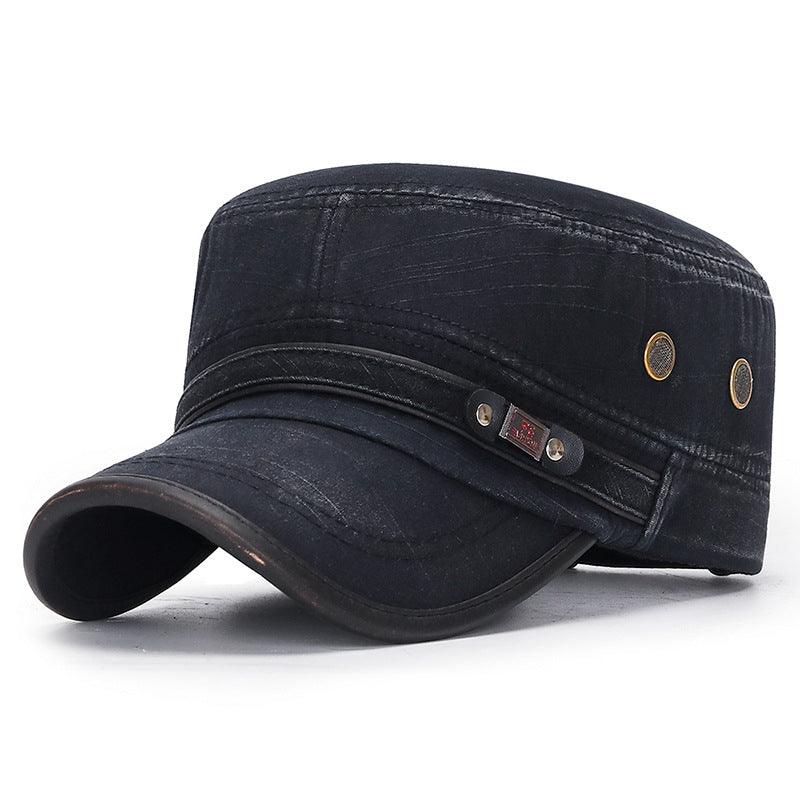 Distressed Flat - top Leather - trimmed Vintage Cotton Hat - AmiraMart