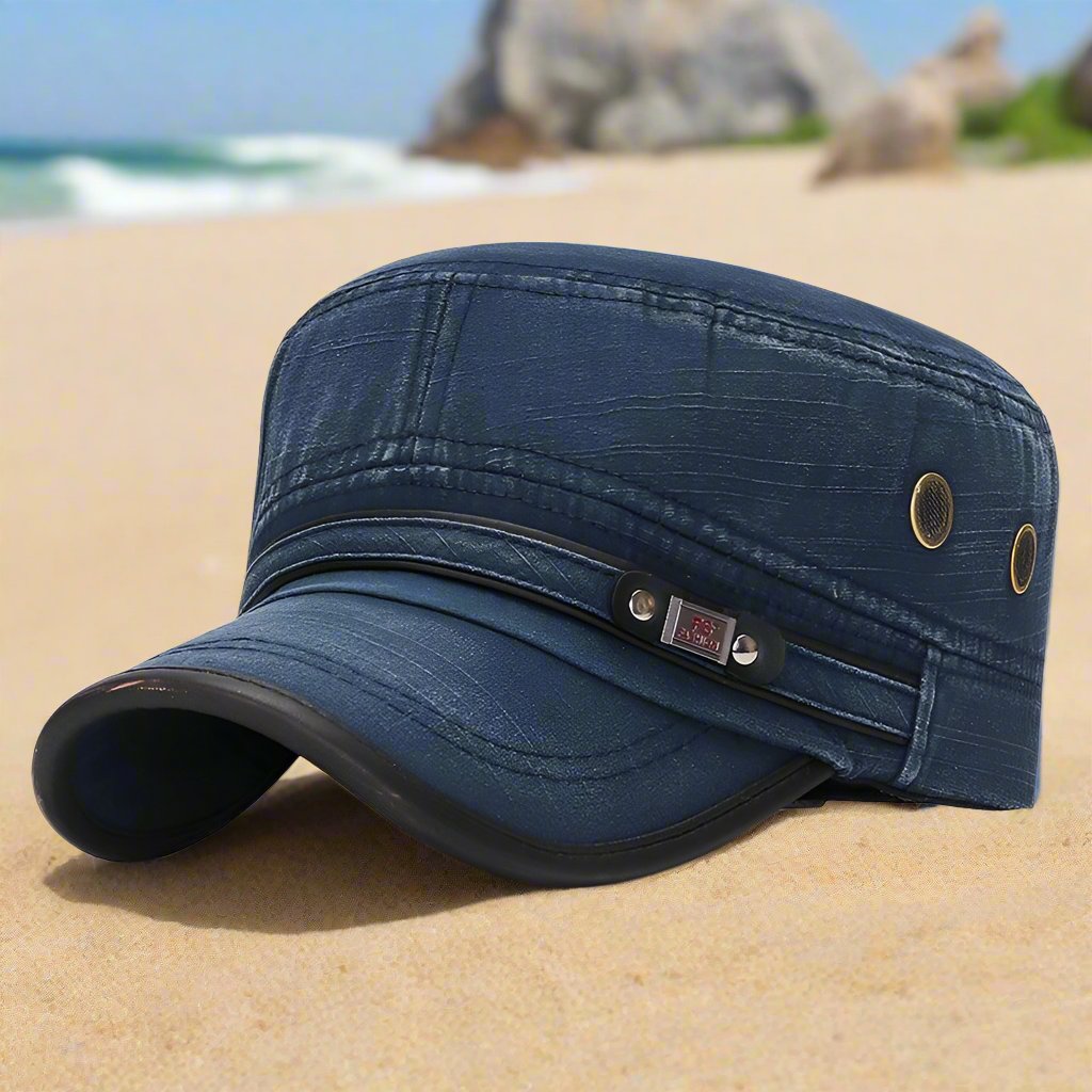 Distressed Flat - top Leather - trimmed Vintage Cotton Hat - AmiraMart