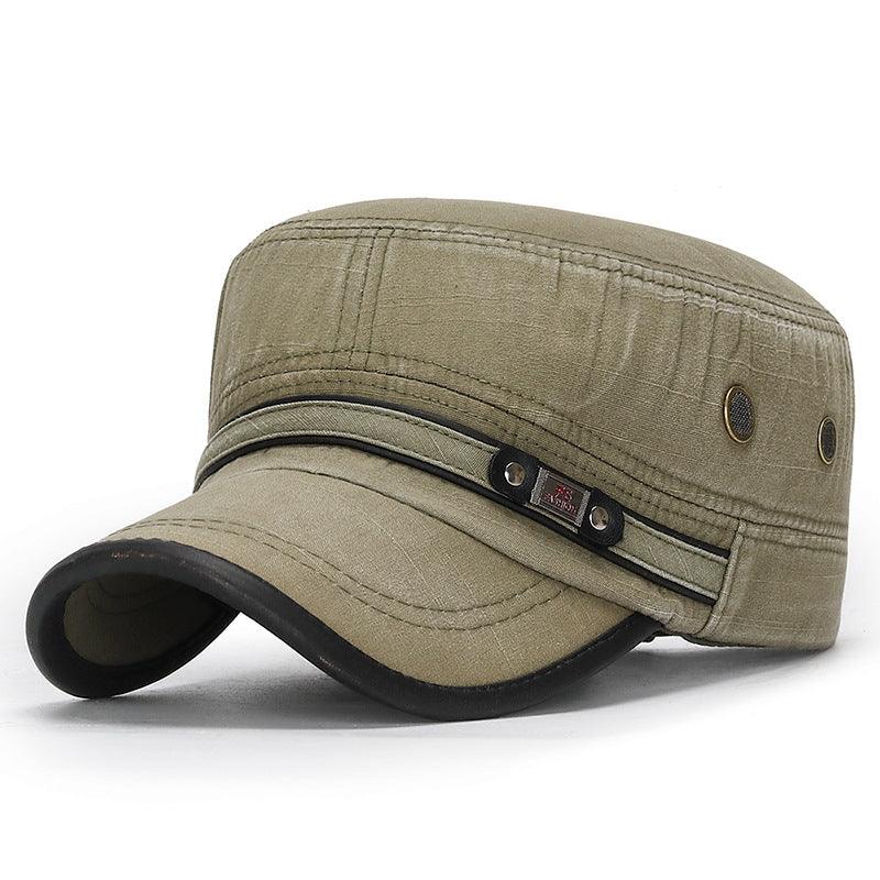 Distressed Flat - top Leather - trimmed Vintage Cotton Hat - AmiraMart