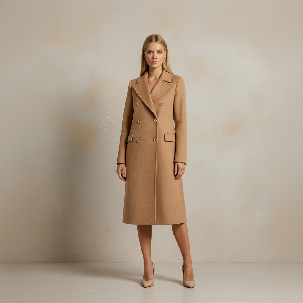 A woman stands in a studio wearing a long camel-brown double-breasted coat with peak lapels and gold-tone buttons, paired with nude heels against a warm beige backdrop.