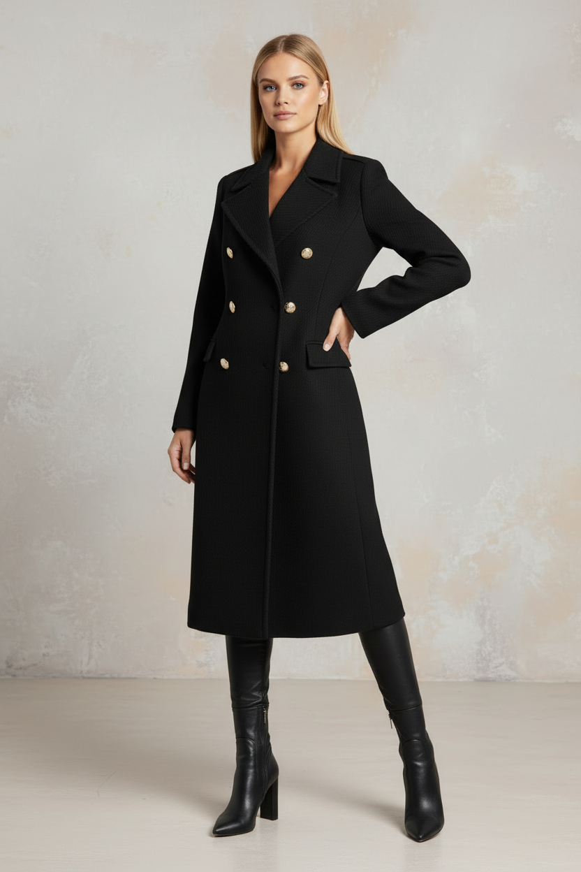 A woman modeling a long black double-breasted coat with gold buttons, paired with black knee-high boots, standing against a textured light beige studio wall.