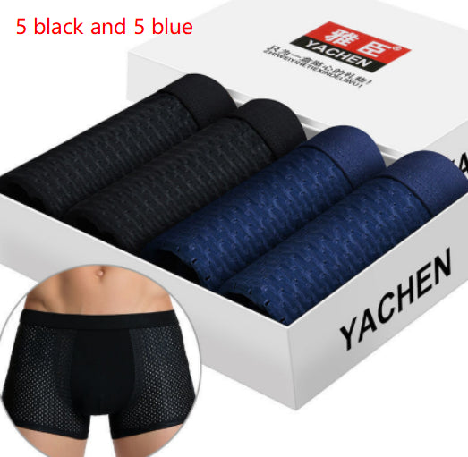 Box of Yachen men's underwear with black and blue options, brand logo visible.