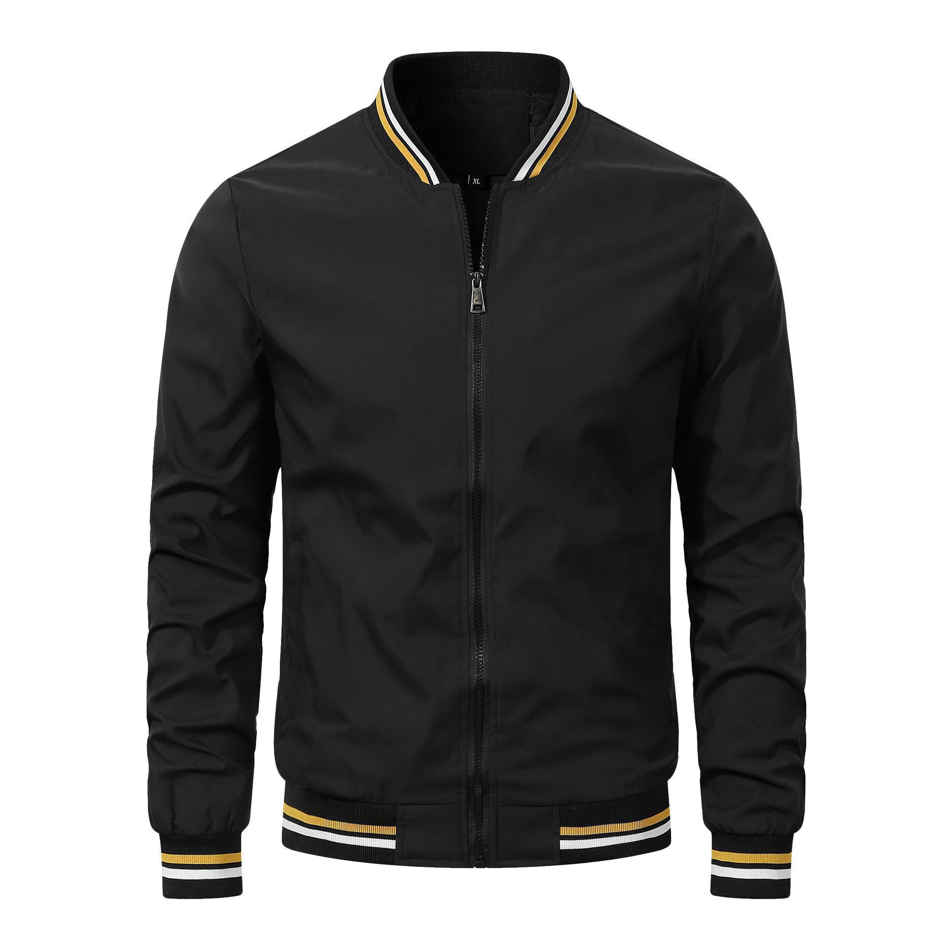Black jacket with yellow and white trim on a white background