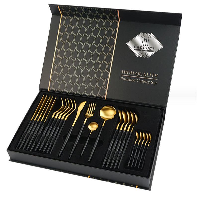 Gold and black cutlery set in a black box with 'High Quality' text.