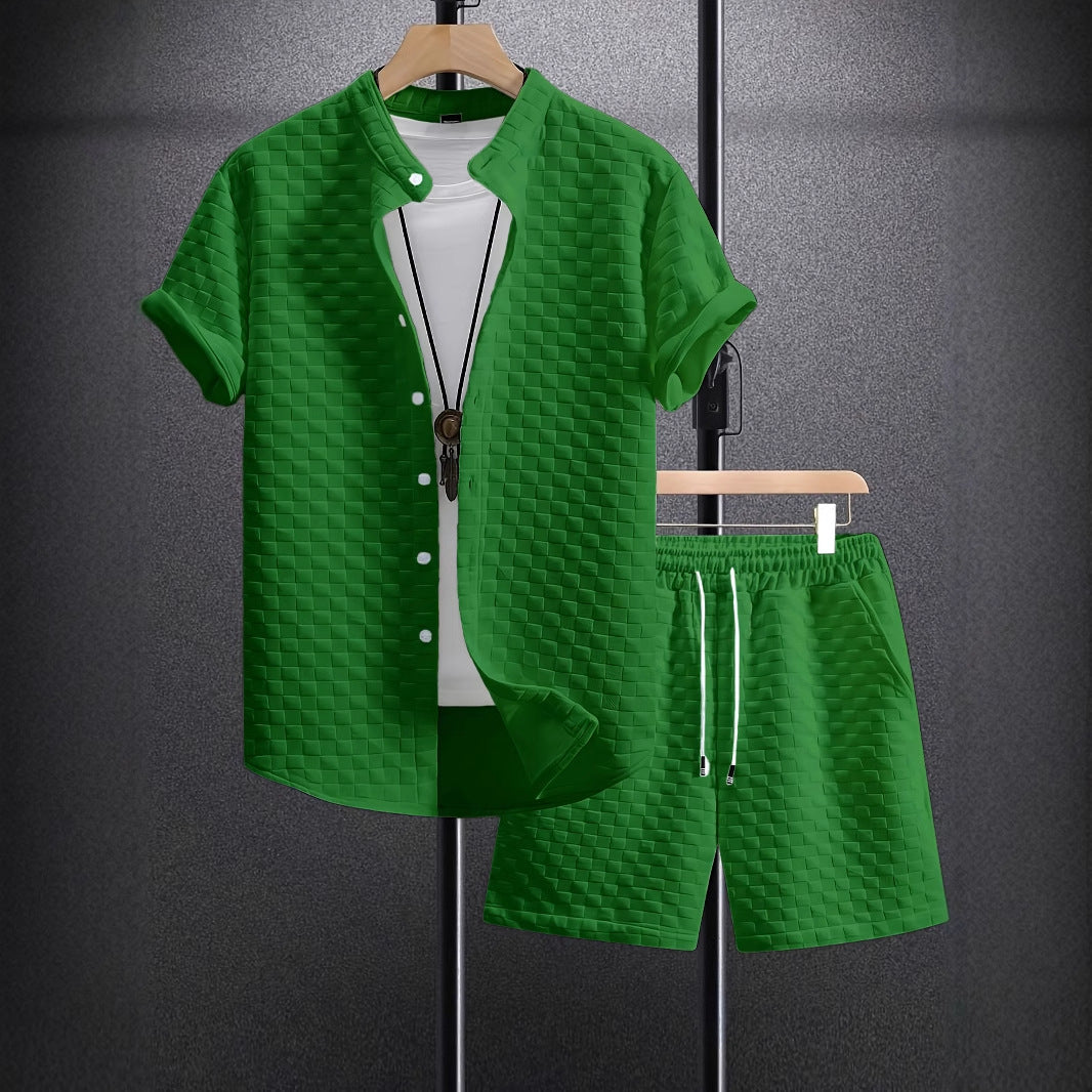 Men's Jacquard Casual Short Sleeve Shirt Outfit - AmiraMart