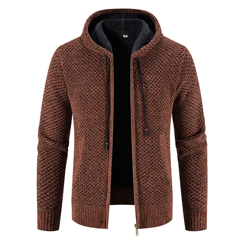 Brown knitted hoodie with a zipper on a white background