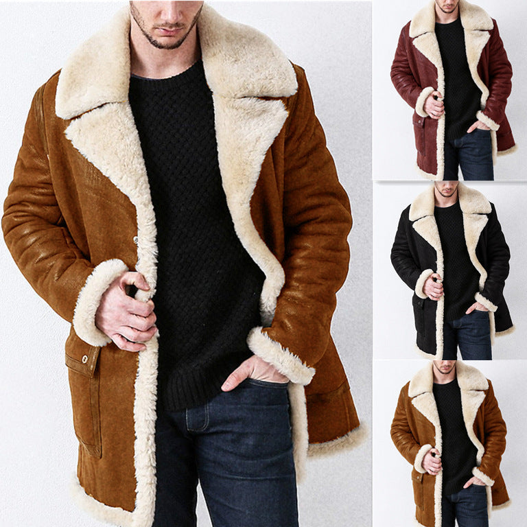 Brown shearling coat with white fur lining worn by a person on a white background.
