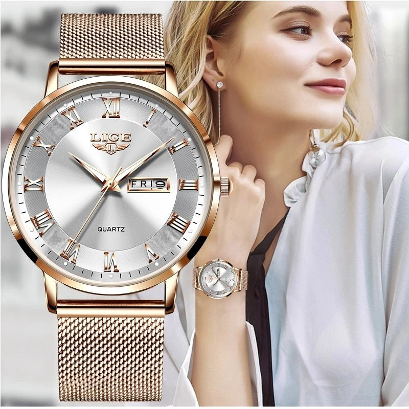 Thin Ladies Quartz Dual Calendar Waterproof Watch - AmiraMart