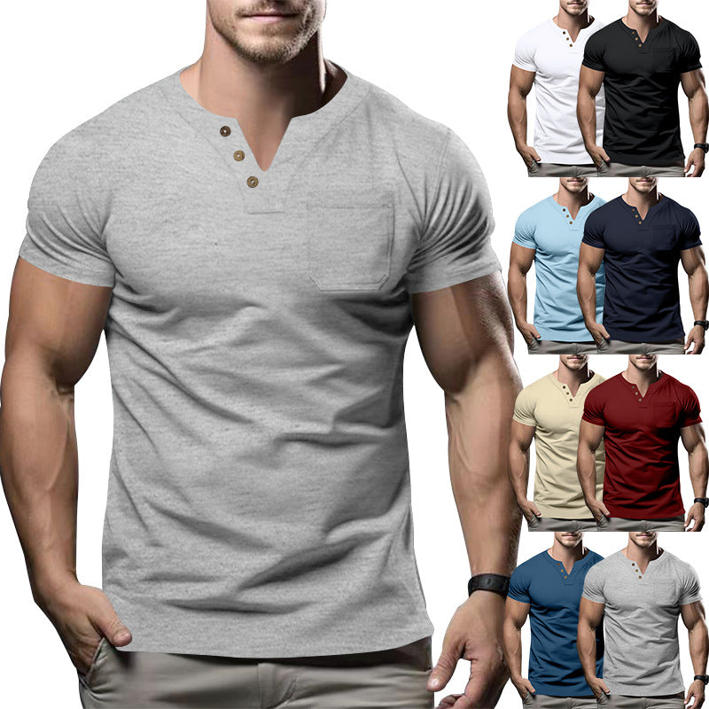 Man wearing a gray Henley shirt with additional images of men wearing various colored Henley shirts.