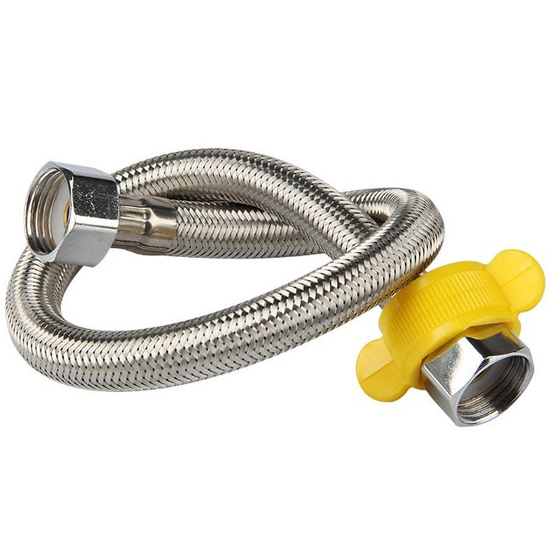 Metallic shower hose with yellow handle on a white background